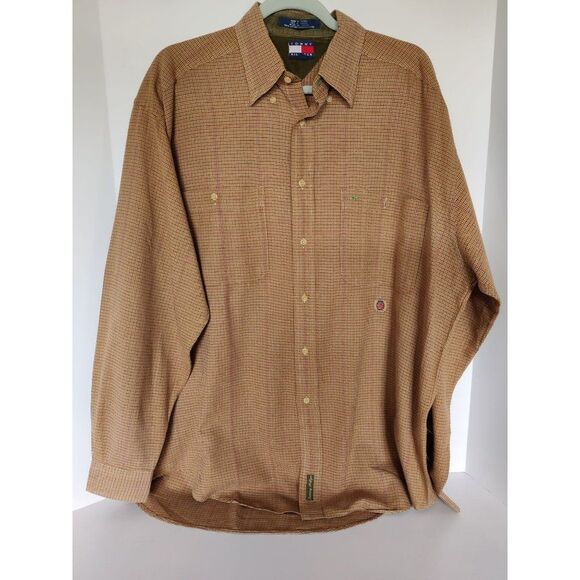 Vtg. Men Tommy Hilfiger Button Down Shirt Large Long Sleeve Plaid Brown Red - Picture 1 of 9